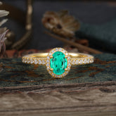 1 Carat Oval Cut Emerald Halo Ring with Pave Band